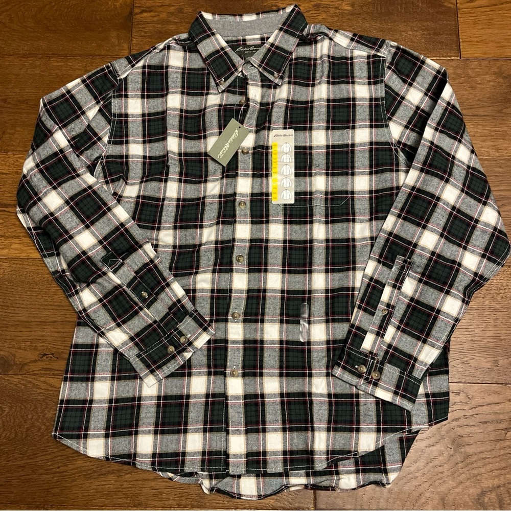 Eddie Bauer Men’s XXL Flannel 100% Cotton Green Plaid Long Sleeve Button Shirt
